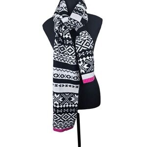 Gap Fair Isle Merino Wool Blend Knit Scarf Black White Pink Outdoors Modern Snow